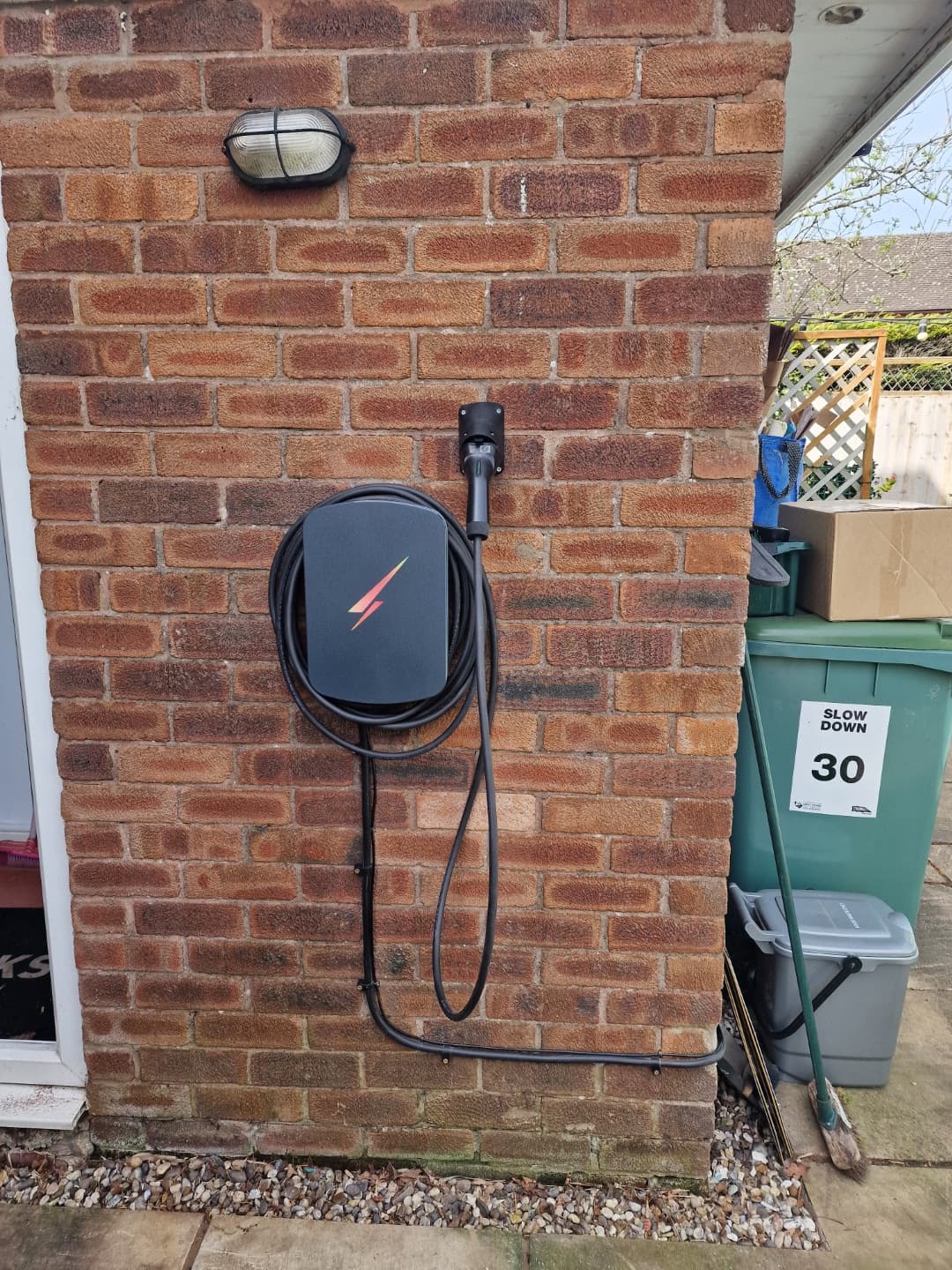 Hypervolt Home 3 Pro installation showing cable run and holster position