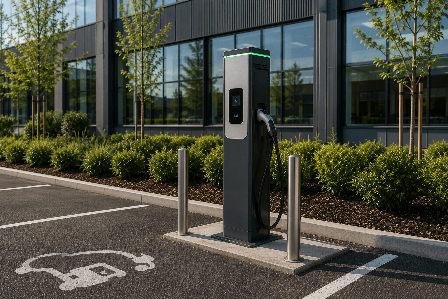 Pedestal-mounted EV charger in a commercial parking space